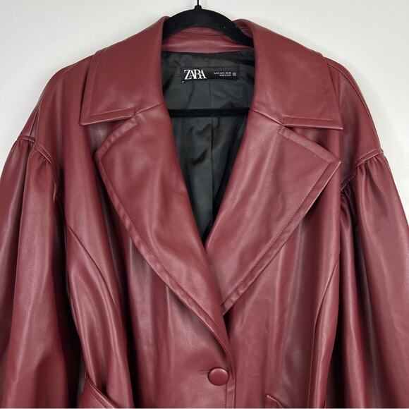 NWOT Zara Blogger Maroon Faux Leather Belted Oversized Blazer Jacket. - Picture 7 of 11